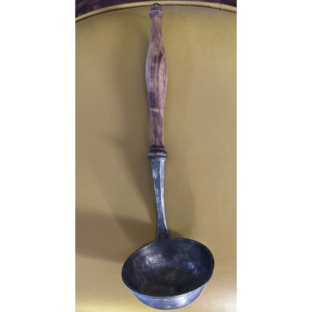 Antique Pewter Soup Ladle Hand Turned Wood Handle 12" Utensil